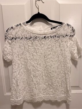 Allegra K White Floral Lace Short Sleeve Blouse